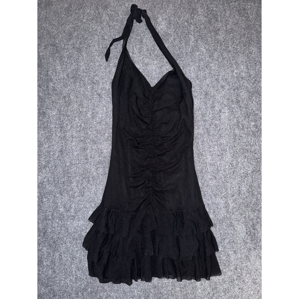 Y2K Black Ruched Halter Mini Dress Ruffle Hem Coquette Mall Goth size L